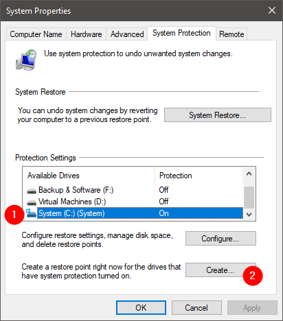 Choosing to create a system restore point