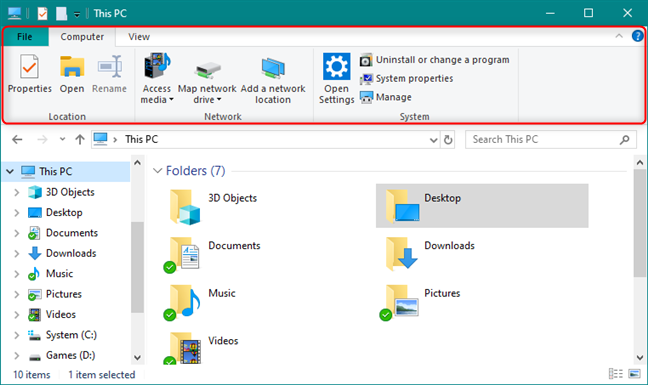 File Explorer with the ribbon on