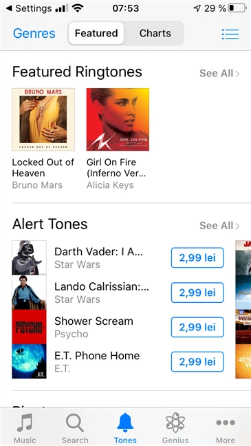 The Tones section from the iTunes store