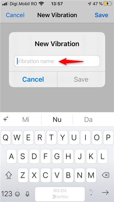 Specifying a name for a new vibration pattern