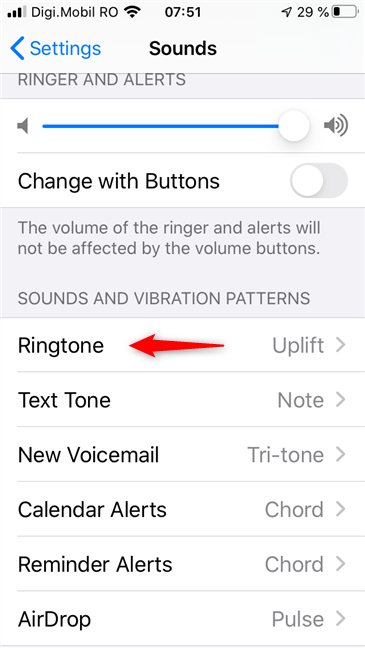 The Ringtone category of settings in iOS