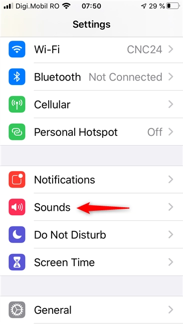The Sounds entry from the Settings app