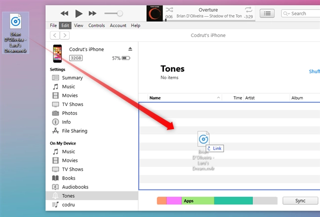 Drag and drop the custom ringtone onto the Tones section in iTunes