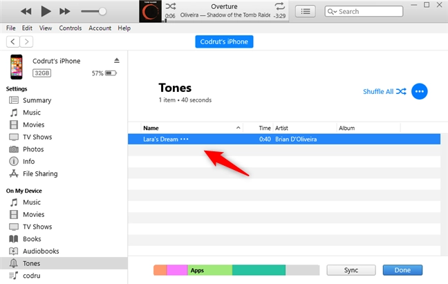 The custom ringtone has been synced with the iPhone