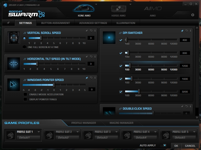 The settings from the ROCCAT Swarm app