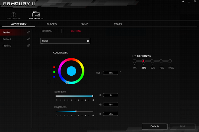 Color and lighting effects available for the ASUS ROG Balteus Qi mouse pad