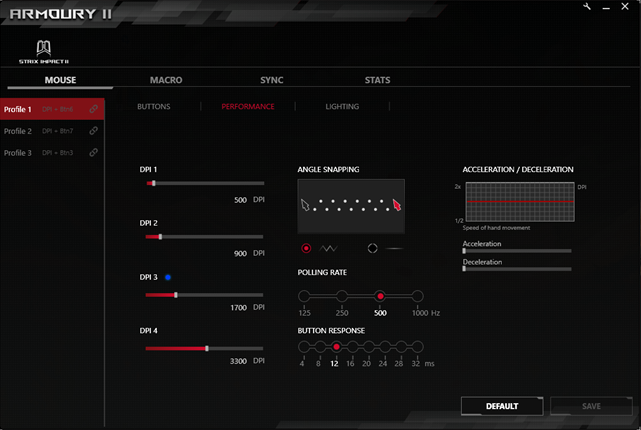 The Performance options from the Armoury II app