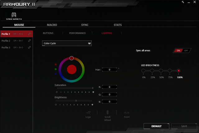 The RGB lighting settings available in Armoury II