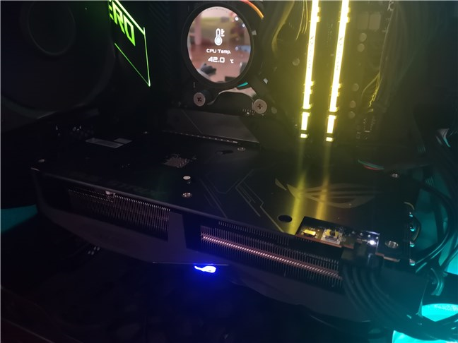 The ASUS ROG Strix Radeon RX 5500 XT mounted inside our test computer