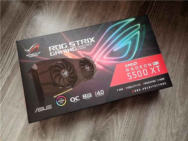 The packaging of the ASUS ROG Strix Radeon RX 5500 XT