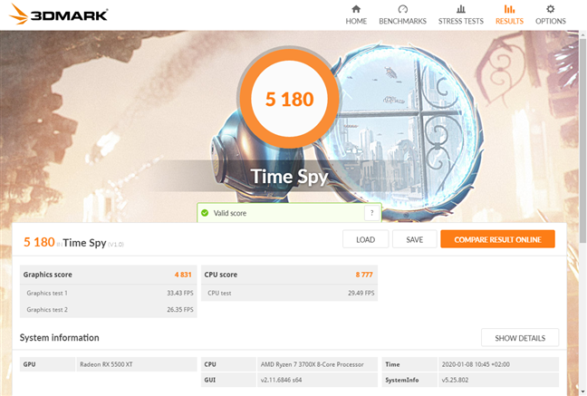 Benchmark results in 3DMark Time Spy