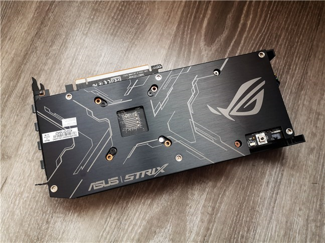 The metal backplate of the ASUS ROG Strix Radeon RX 5500 XT