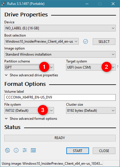 Rufus set for installing Windows on a PC with UEFI and GPT