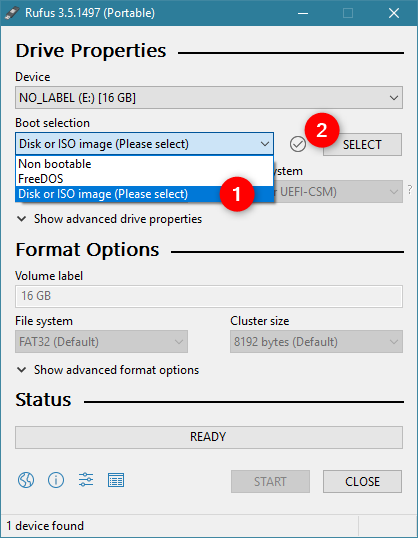 Choosing to use a disk or ISO image to create the USB drive