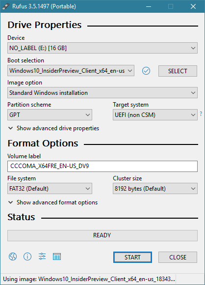 Rufus automatically adjusts the settings for the USB drive