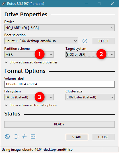 Rufus set for installing Ubuntu on a PC with BIOS or UEFI and MBR