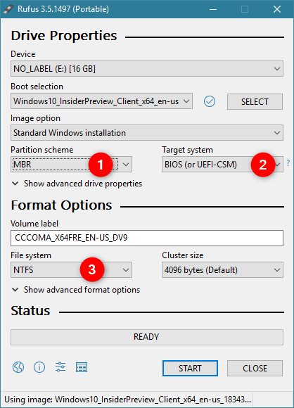 Rufus set for installing Windows on a PC with BIOS and MBR