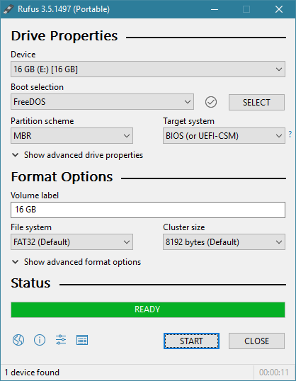 A bootable USB memory stick with FreeDOS on it