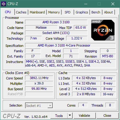 CPU-Z details about the AMD Ryzen 3 3100