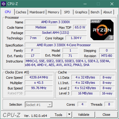 CPU-Z details about the AMD Ryzen 3 3300X