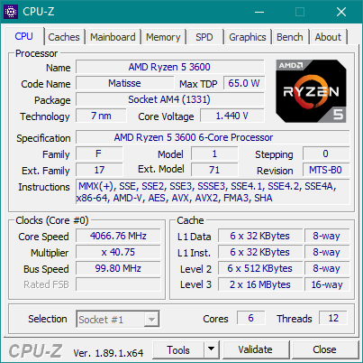 CPU-Z details about the AMD Ryzen 5 3600