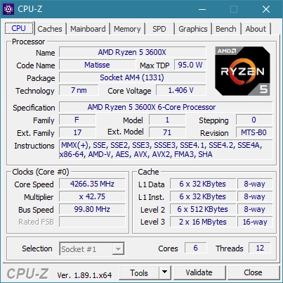 CPU-Z details about the AMD Ryzen 5 3600X