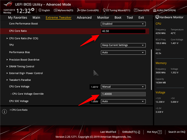 Ryzen 7 3700X overclocked: 42.50 CPU core ratio and 1.40 V CPU Core Voltage