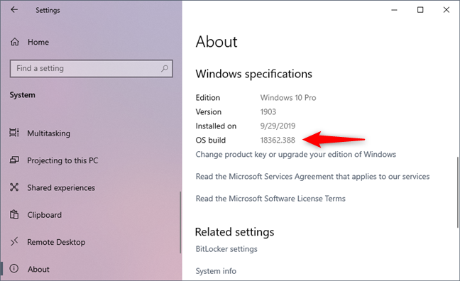 Windows 10 Pro, version 1903, build 18362.388