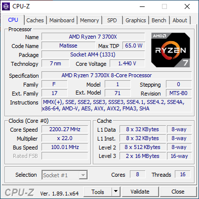 CPU-Z details about the AMD Ryzen 7 3700X