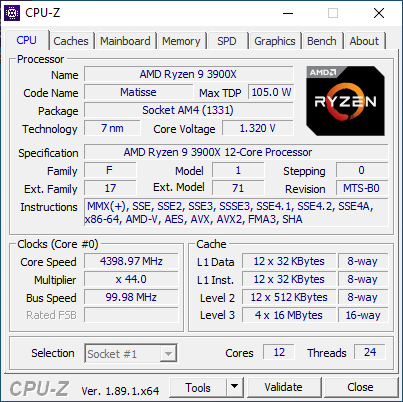 CPU-Z details about the AMD Ryzen 9 3900X