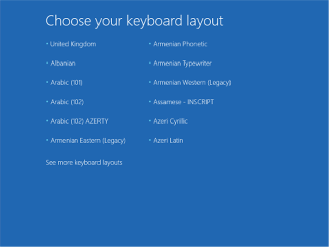 Choosing the keyboard layout for the recovery CD/DVD