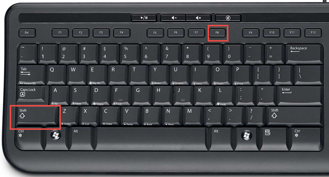 The SHIFT and F8 keys on a keyboard