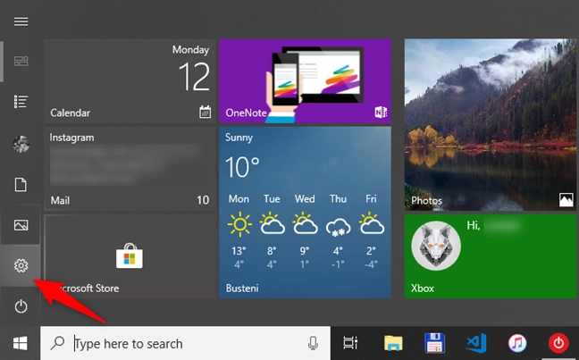 The Settings button from the Windows 10 Start Menu
