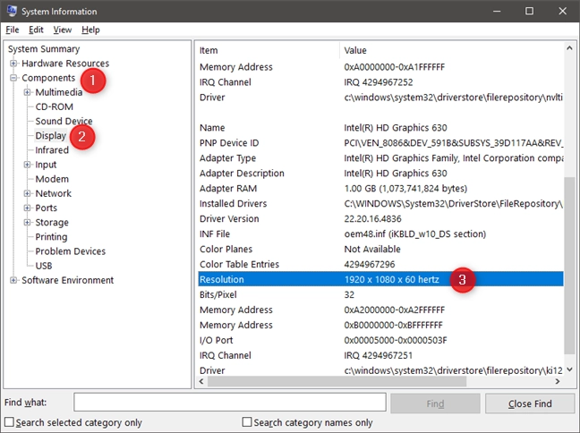 The Resolution field from the System Information app