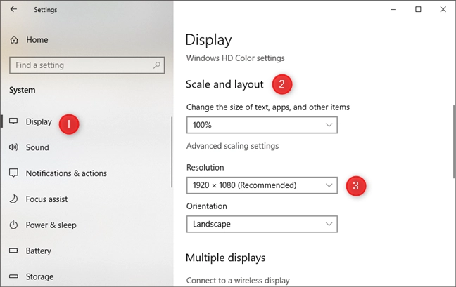 The Display page from the Windows 10 Settings app