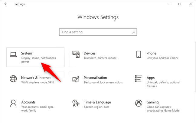 The System category of settings from the Windows 10 Settings app