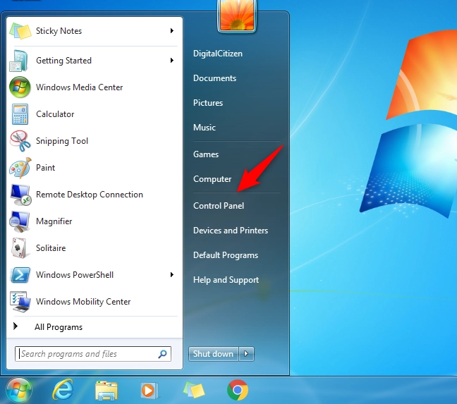 The Control Panel button from the Start Menu in Windows 7