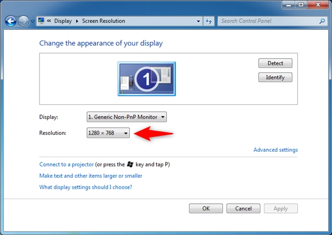 The Screen Resolution settings from the Control Panel