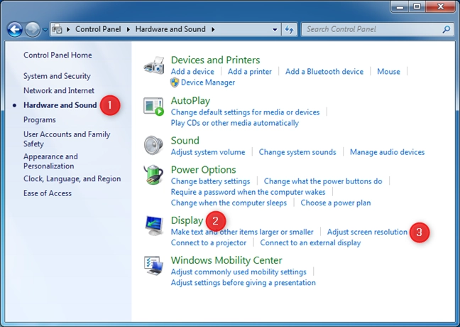 The Adjust screen resolution link from the Control Panel