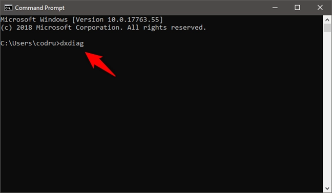 The dxdiag command entered in Command Prompt