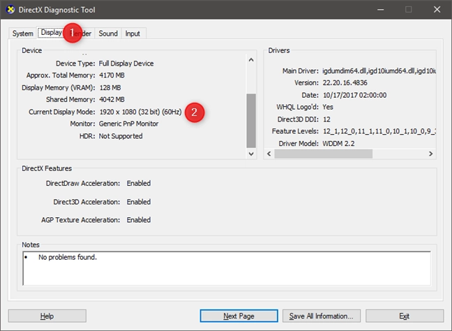 The Current Display Mode in the DirectX Diagnostic Tool