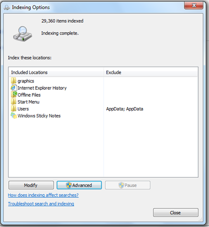 Search Indexing Options in Windows 7