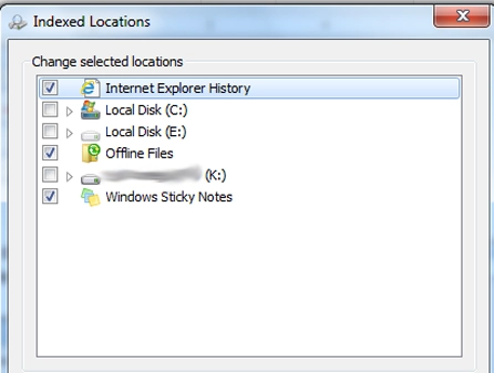 Search Indexing Options in Windows 7