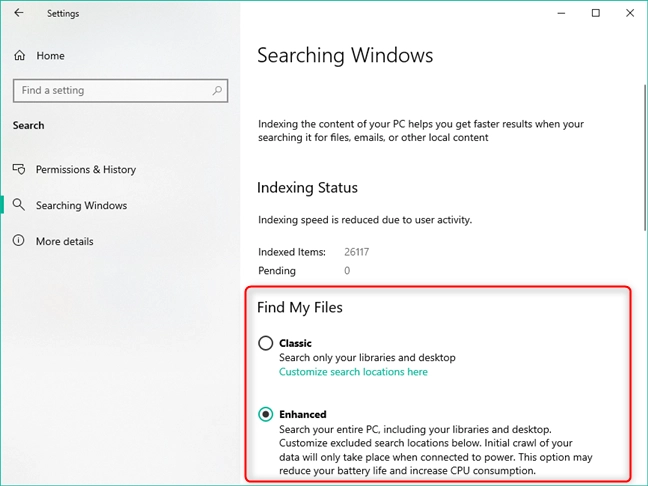 Find My Files can be set to Classic or Enhanced mode