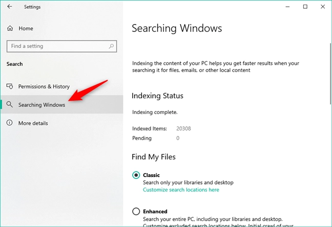 The options available for Searching Windows