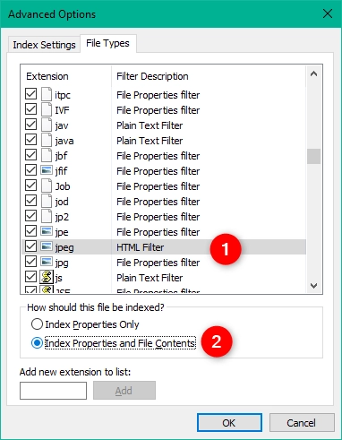 File Types included in the Windows 10 Search Index
