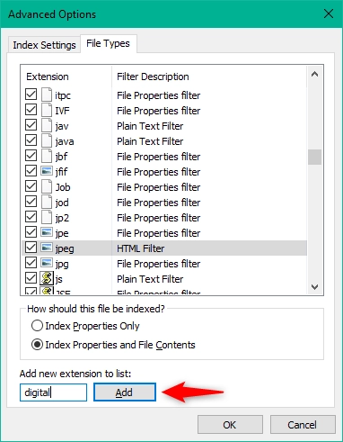 Adding a new file type to the Windows 10 Search Index