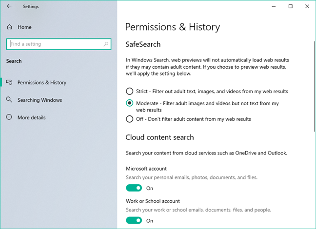 Search pages in the Windows 10 Settings