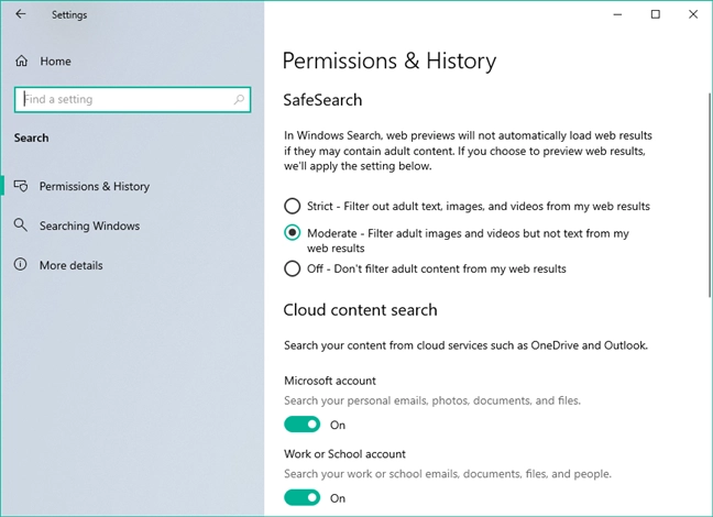 Search pages in the Windows 10 Settings