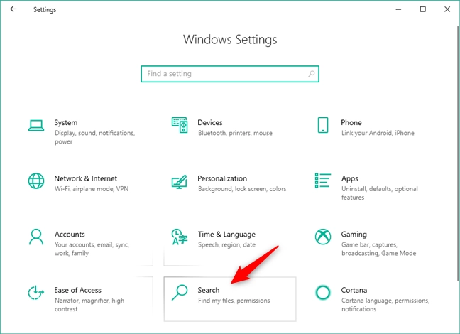 The Search category from the Windows 10 Settings
